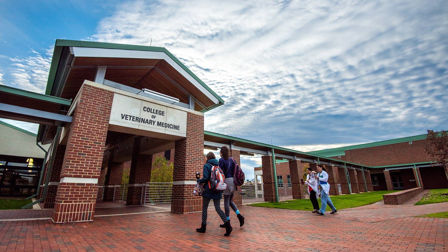 Visitors enter the College of Veterinary Medicine.