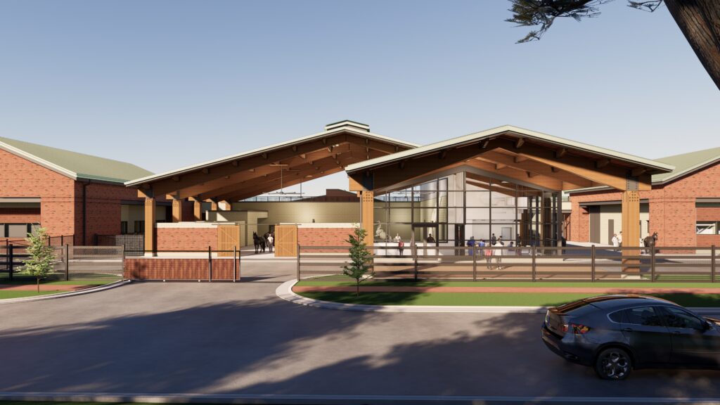 An artistic 3D rending of the front of the large animal hospital with a pavilion.