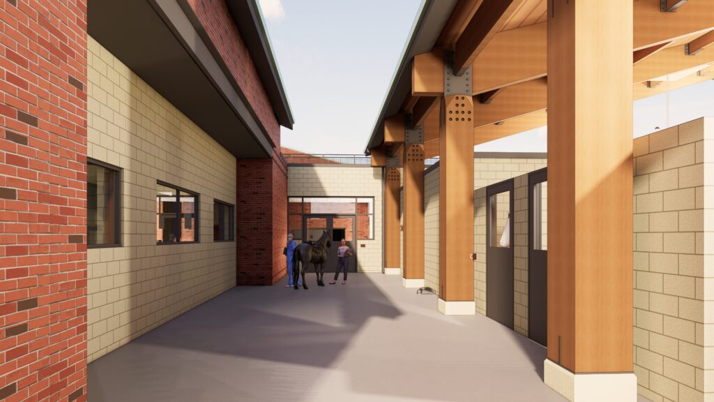 An artistic 3D rendering of stalls in the new large animal hospital. 