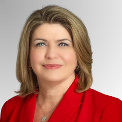 Woman in red suit.