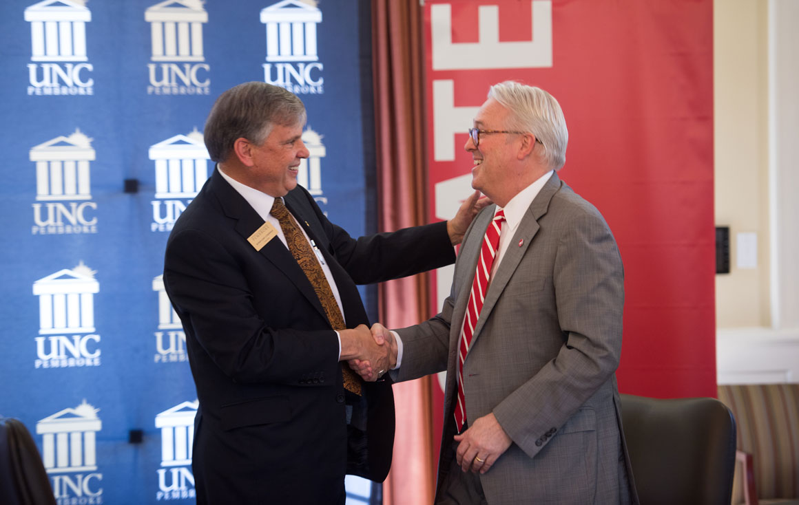 UNC Pembroke Chancellor Robin Gary Cummings and NC State University Chancellor Randy Woodson